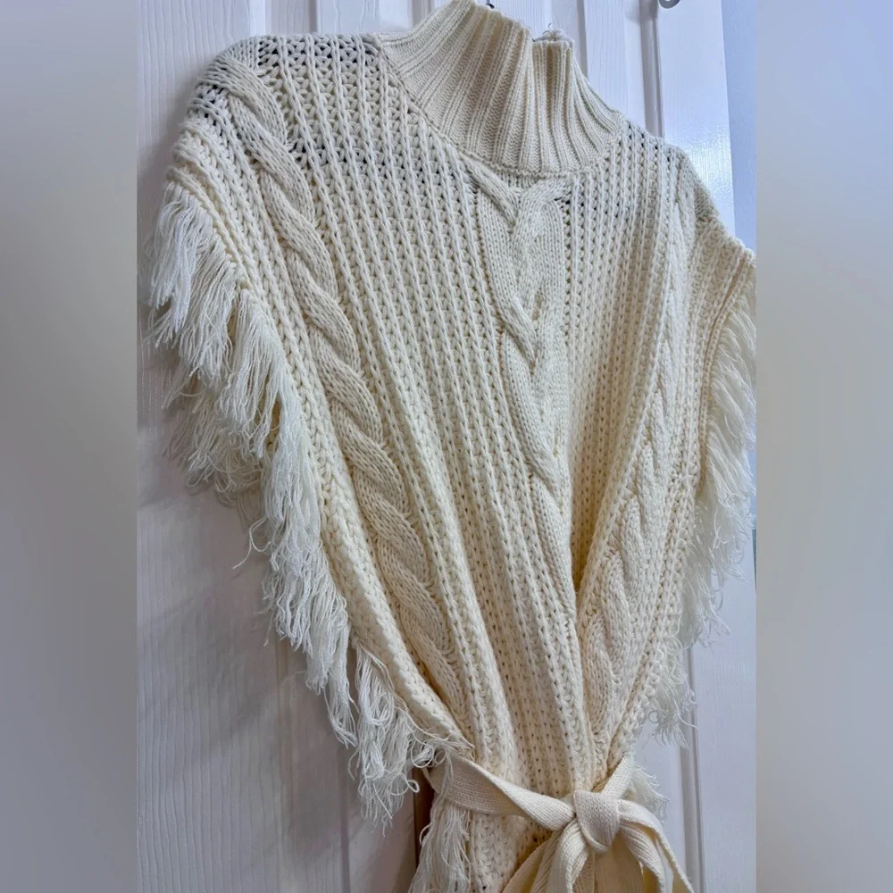 SAGE THE LABEL Fringed Cable-Knit Turtleneck Sweater in Ivory/Cream - SIZE M - Picture 3 of 16
